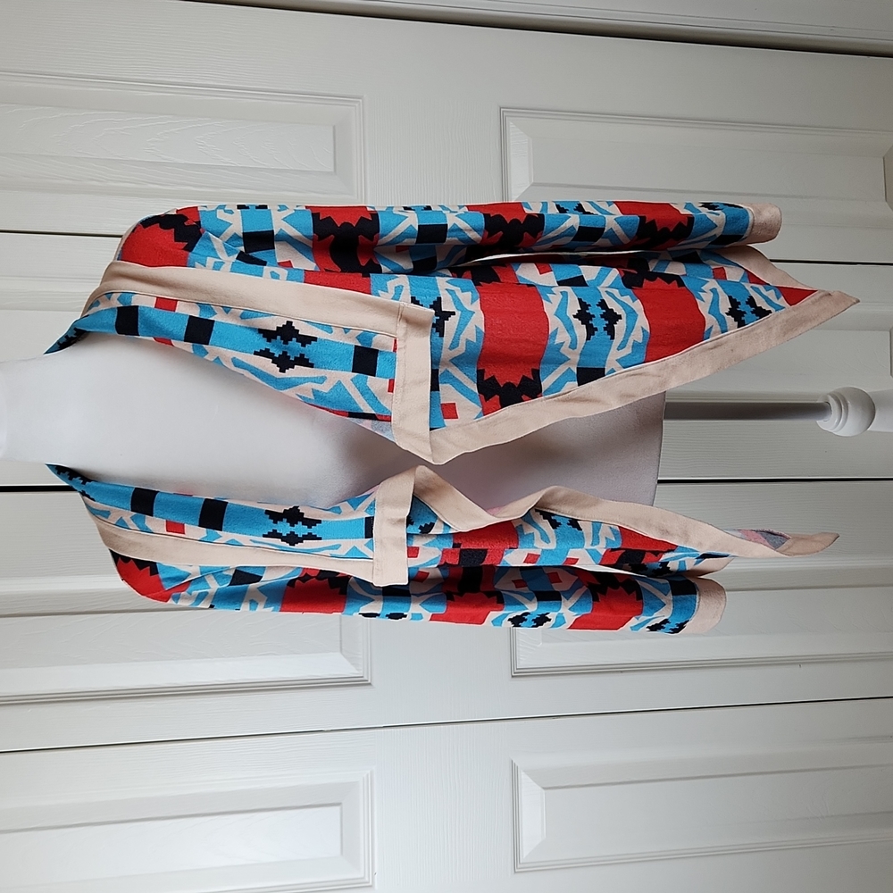 Tribal Aztec open front cardigan S red teal tan black